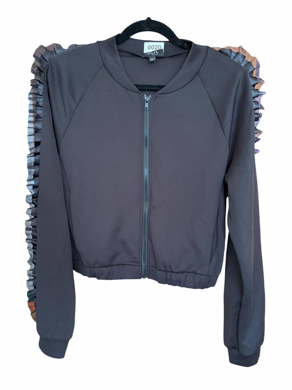 Black Bomber Jacket with Ruffle Sleeve Detail